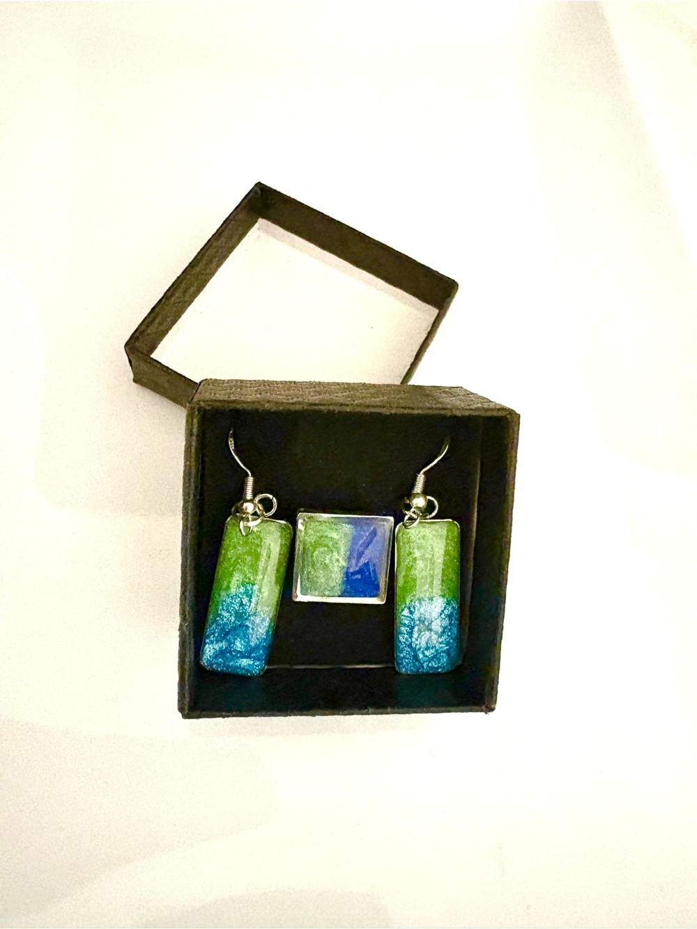 Handmade Blue & Green Shimmer Resin Jewelry Set